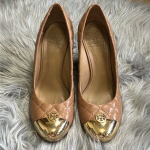 Tory Burch Kaitlin Quilted Leather Pumps -Gold Cap Toe Size 8M